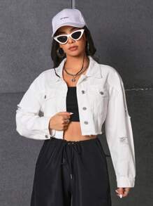 SHEIN Frenchy Áo khoác denim một hàng khuy rách dành cho nữ - trắng - Xem 4