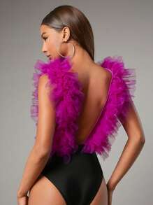 SHEIN BAE Plunging Neck Layered Mesh Ruffle Trim Bodysuit - Hot Pink - View 2