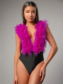 SHEIN BAE Plunging Neck Layered Mesh Ruffle Trim Bodysuit - Hot Pink - View 6