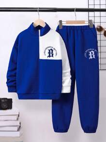 SHEIN Cậu bé Tween Đồ họa Chữ cái Hai âm Một nửa khóa kéo Áo len & Quần nỉ - Màu xanh lam - Xem 1