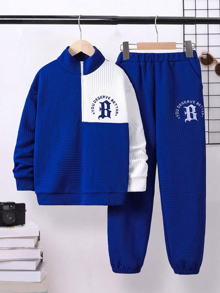 SHEIN Cậu bé Tween Đồ họa Chữ cái Hai âm Một nửa khóa kéo Áo len & Quần nỉ - Màu xanh lam - Xem 1