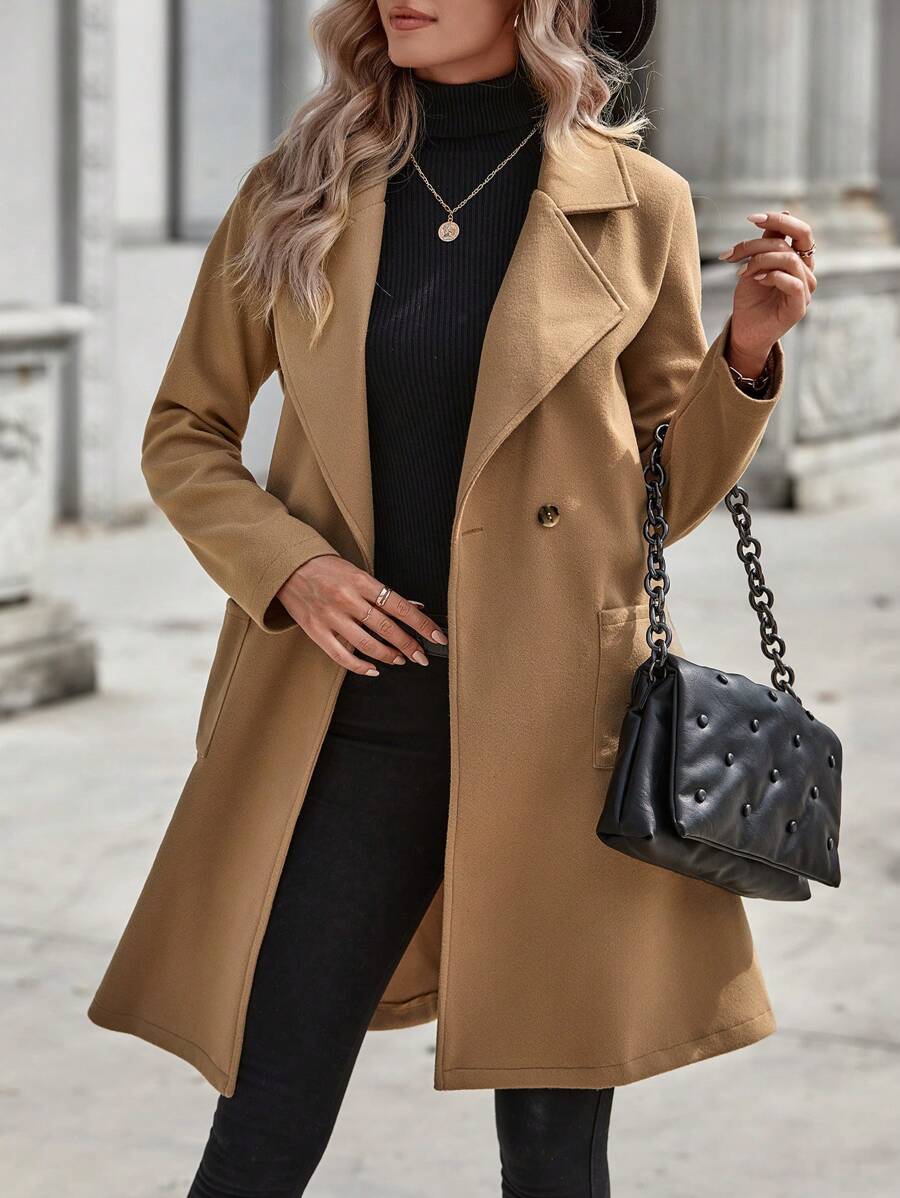 SHEIN Frenchy 西裝領雙排釦花呢外套 - 卡其色 - 查看 1