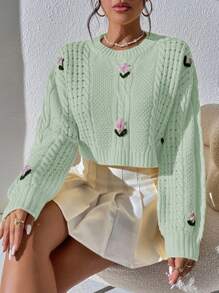 SHEIN Unity Floral Embroidery Cable Knit Drop Shoulder Crop Knit Pullover Fall Winter Sweater - Green - View 4
