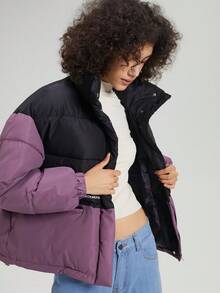 Letter Graphic Colorblock Padded Coat - Purple - View 5