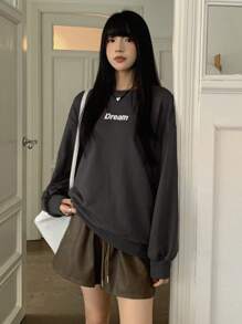 DAZY 字母图案落肩超大套头衫，秋装运动衫 - 深灰色 - 查看 4