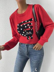SHEIN Essnce Mô hình Cartoon Ống tay áo Áo len - Đỏ - Xem 6