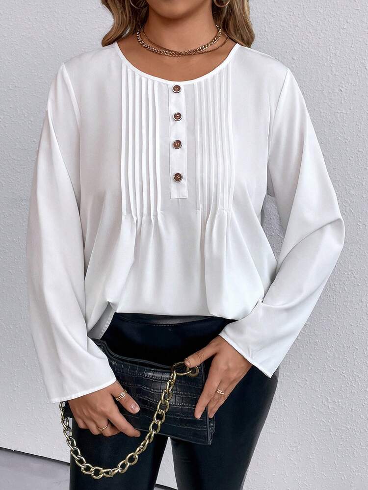 Plus Button Front Pleated Detail Blouse