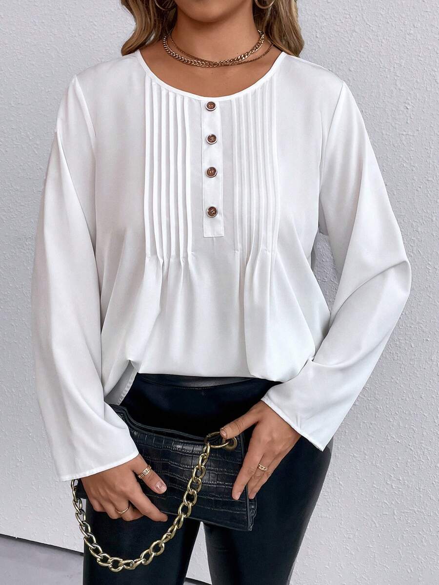 SHEIN LUNE Plus Button Front Pleated Detail Blouse - White - View 1