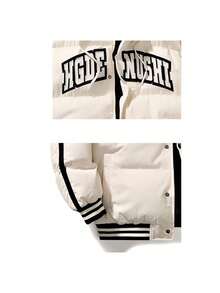 Men Letter Graphic Striped Trim Hooded Padded Coat - White - View 4