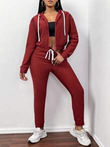 Slaydiva Drop Shoulder Drawstring Hoodie & Sweatpants - Burgundy - View 1