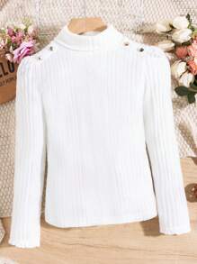 SHEIN Cô gái Tween Áo cao cổ Chi tiết Nút Áo thun - trắng - Xem 1