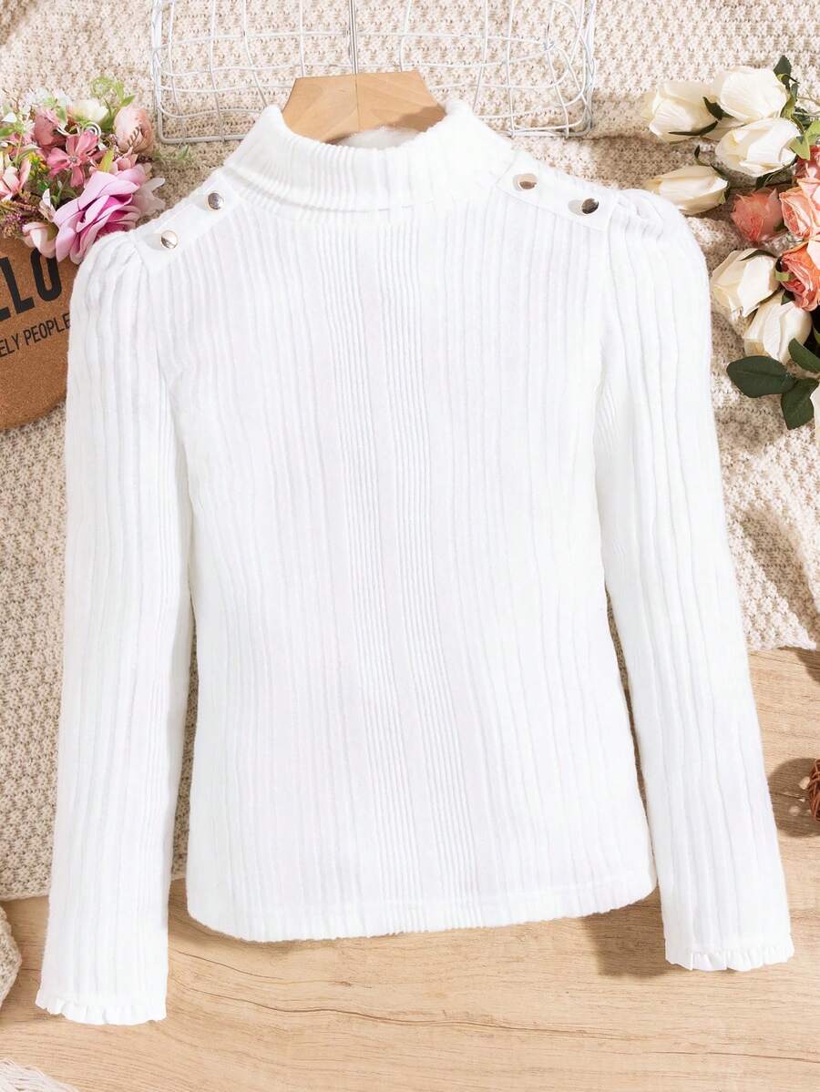 SHEIN Cô gái Tween Áo cao cổ Chi tiết Nút Áo thun - trắng - Xem 1