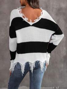 SHEIN Essnce 雙色落肩袖仿舊邊套頭毛衣 - 黑與白 - 查看 2
