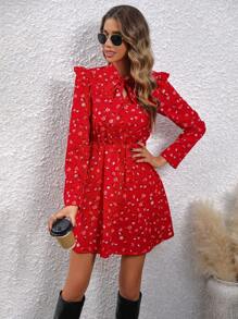 SHEIN LUNE Ditsy Floral Print Tie Neck Ruffle Trim Dress - Red - View 6