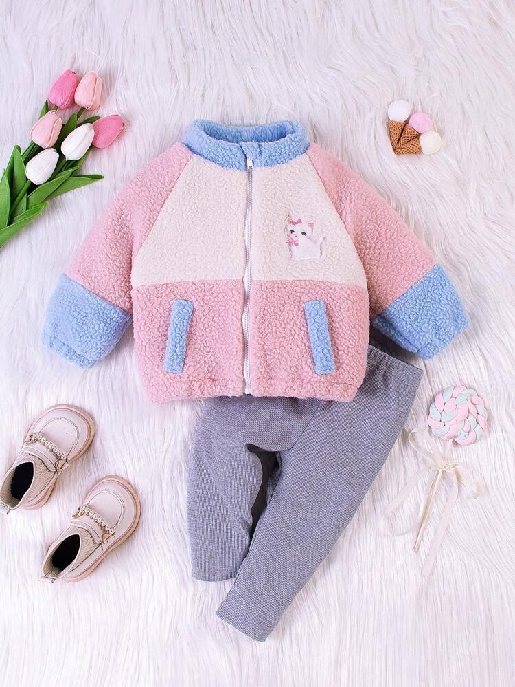 2pcs Baby Girls' Color-block Fleece Pullover And Solid Knit Pants