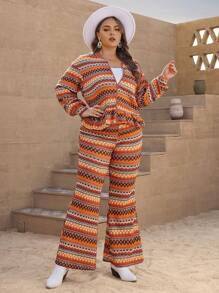 SHEIN VCAY 大碼幾何印花飛行員夾克&喇叭褲 - 彩色 - 查看 1