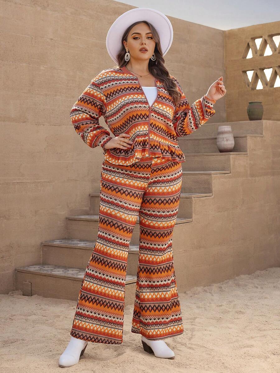 SHEIN VCAY 大碼幾何印花飛行員夾克&喇叭褲 - 彩色 - 查看 1