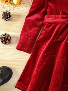 SHEIN 女小童交疊領泡泡袖繫腰帶洋裝 - 紅色 - 查看 4