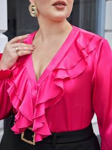 BizChic Blusa De Satén Con Manga Acampanada Y Ribete Fruncido Para Tallas Grandes - Rosa Fucsia - Ver 8