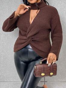 SHEIN Unity Plus Choker Neck Twist Front Sweater Knit Pullover Fall Winter Sweater - Brown - View 6