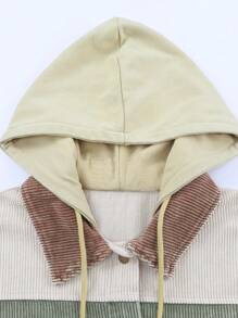 CILKOO Color Block Flap Pocket Drop Shoulder Drawstring Hooded Corduroy Jacket - Green - View 8