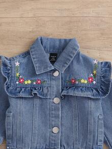 Baby Girl Flower Embroidered Ruffle Trim Denim Jacket - Medium Wash - View 4