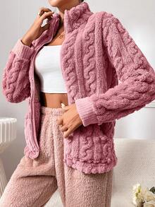Zip Up Flannelette Lounge Top - Dusty Pink - View 6
