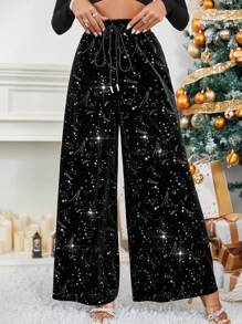 SHEIN Privé Galaxy Print Knot Waist Wide Leg Pants - Black - View 4