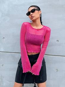 SHEIN EZwear Ren Mộc nhĩ Mùa vụ Long lanh Lưới Áo Không có áo ngực - Màu Hồng Tươi - Xem 4