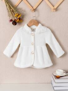 Baby Girl Solid Button Front Contrast Lace Trim Flannel Coat - White - View 1
