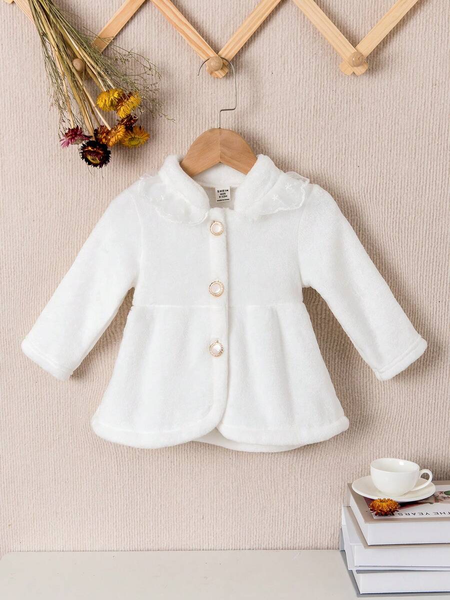 Baby Girl Solid Button Front Contrast Lace Trim Flannel Coat - White - View 1