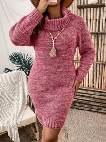 SHEIN LUNE Plus Turtleneck Marled Knit Sweater Dress - Red - View 4