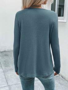 SHEIN LUNE Solid Button Front Tee - Teal Blue - View 2