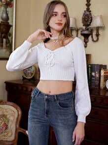 SHEIN Unity Solid Drawstring Front Raglan Sleeve Crop Knit Pullover Fall Winter Sweater - White - View 3