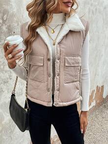 SHEIN Essnce 翻盖口袋泰迪熊衬里背心棉服外套衣服冬季 - 杏色 - 查看 6