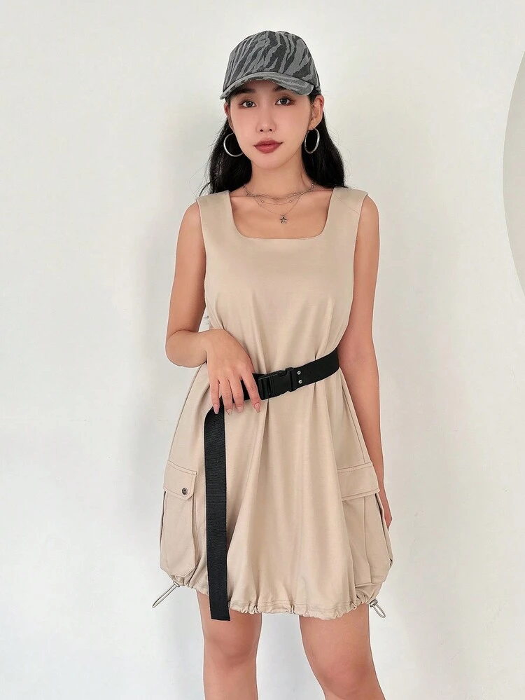 Women's Flip Pocket Drawstring Hem Dress