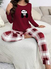 Gấu trúc Đã vá Áo thun & In kẻ sọc Quần Bộ PJ - Màu Đỏ Sâu - Xem 4