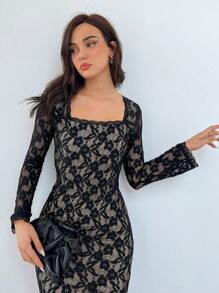 Aloruh Lace Square Neck Mermaid Hem Date Night Dress - Black - View 3