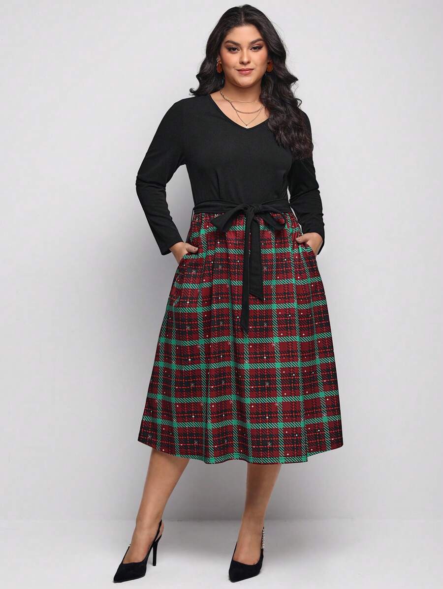 Vulgaris Surplus Plus Tartan Print Belted Dress - Black - View 1