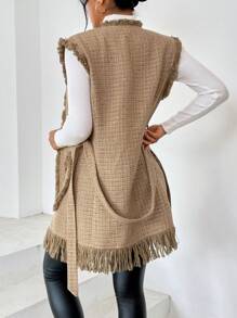 SHEIN Privé Dual Pocket Fringe Trim Belted Vest Overcoat - Khaki - View 2