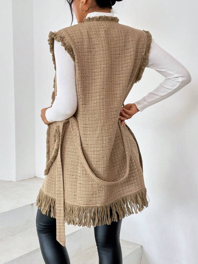 Dual Pocket Fringe Trim Belted Vest Overcoat