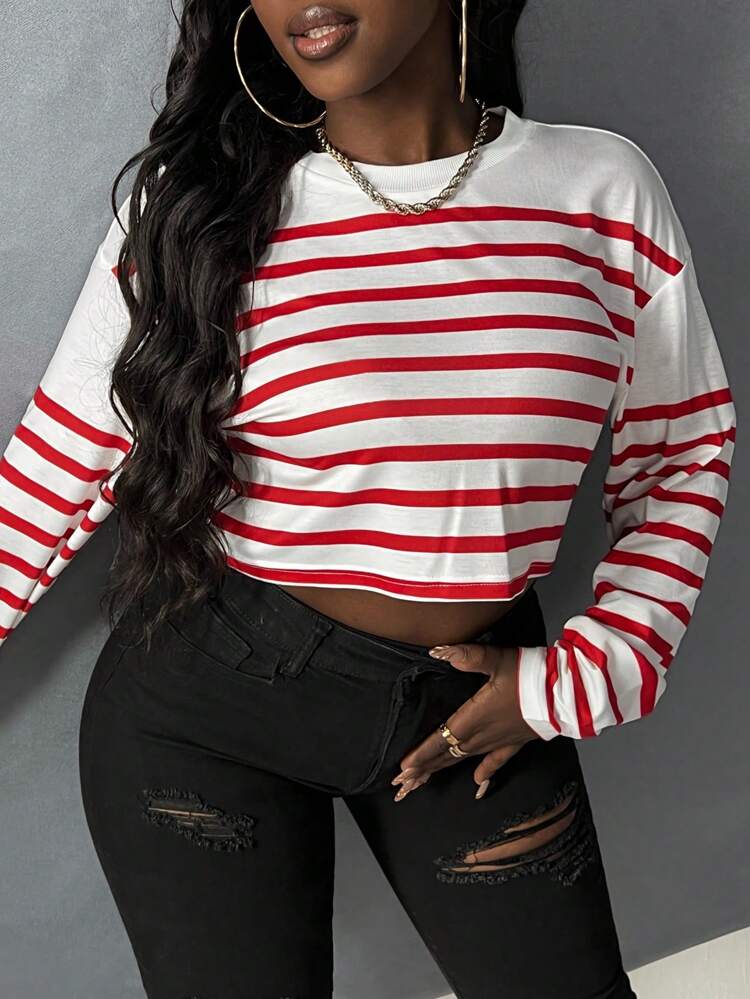 Striped Print Drop Shoulder Crop Tee