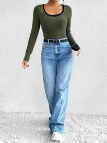 SHEIN Essnce Viền tương phản Scoop Cổ Áo thun - màu xanh lá - Xem 5