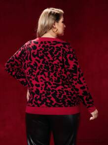 Marilyn Monroe X SHEIN Plus Leopard & Figure Pattern Drop Shoulder Sweater - Red - View 2