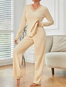 Lace Trim Thermal Underwear Set - Apricot - View 3