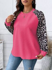 SHEIN LUNE 大碼豹紋印花插肩袖運動衫 - 玫紅色 - 查看 6