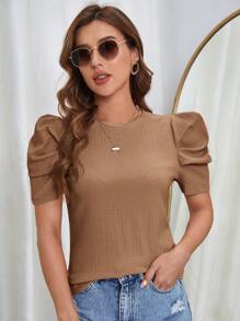 SHEIN Clasi 泡泡袖素色T恤 - 摩卡棕 - 查看 5