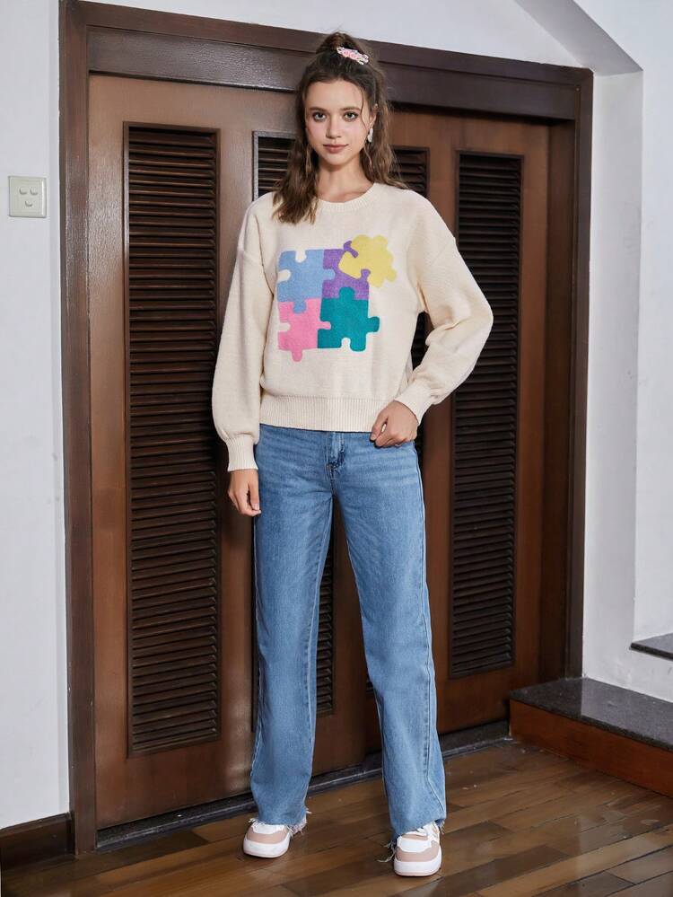 Puzzle Pattern Drop Shoulder Sweater