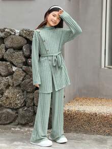 Tween Girl Turtleneck Drop Shoulder Belted Tee & Pants - Mint Green - View 4