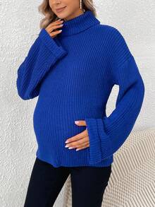 SHEIN 孕婦高領落肩袖套頭毛衣 - 藍色 - 查看 4